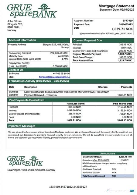 Download Norway Grue Sparebank mortgage statement Word and PDF template Photoshop template